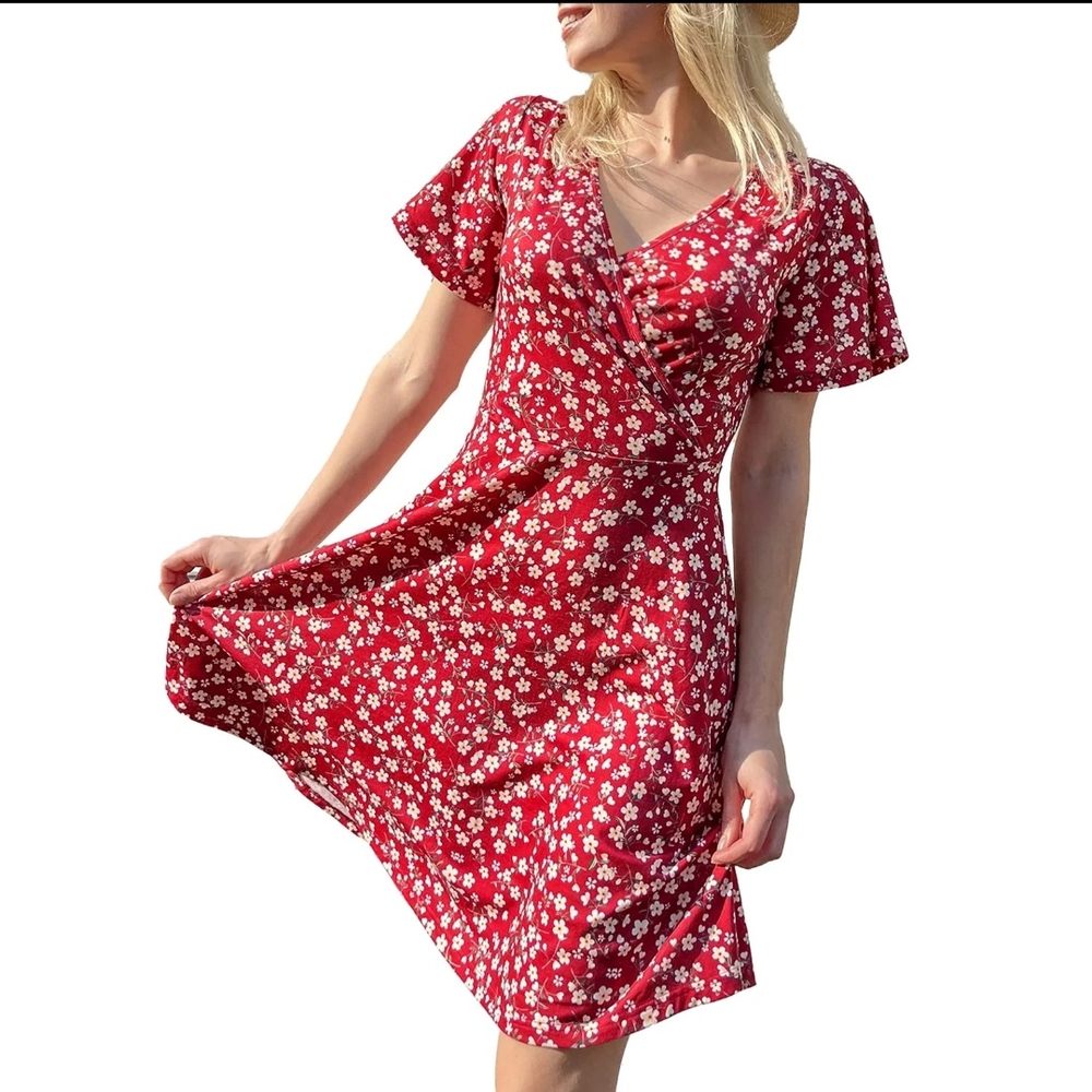 UVN Summer Dress Short Sleeve V Neck A-Line Midi Dress Boho Floral Print Size XL - Picture 3 of 5